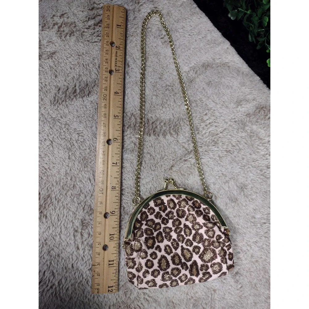 Gymboree Girls Leopard Print Glitter Bow Coin Purse‎ Pink Gold Chain Strap